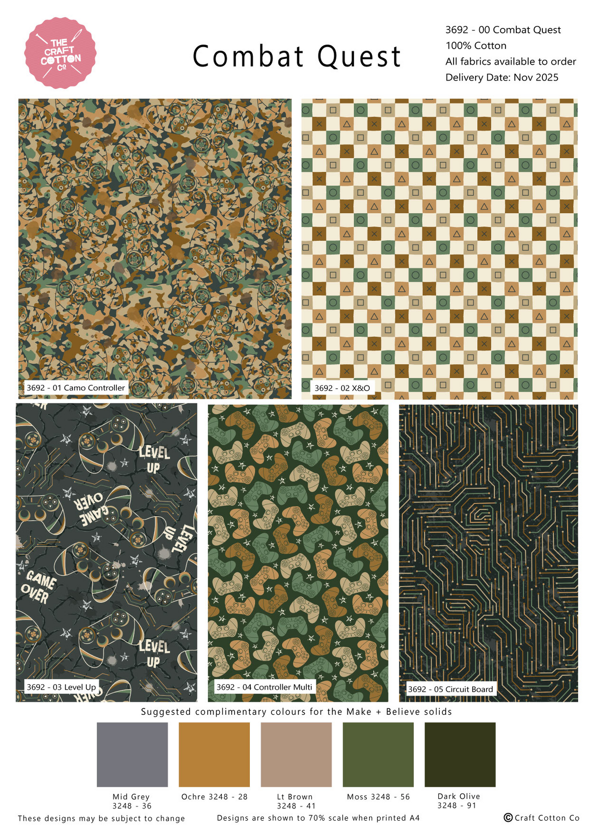 Combat Quest Printed Fabric 5Pcs 45cm x 55cm Wide Fat Quarter Bundle for Bean Bags, Play Zones and Childrens Crafting