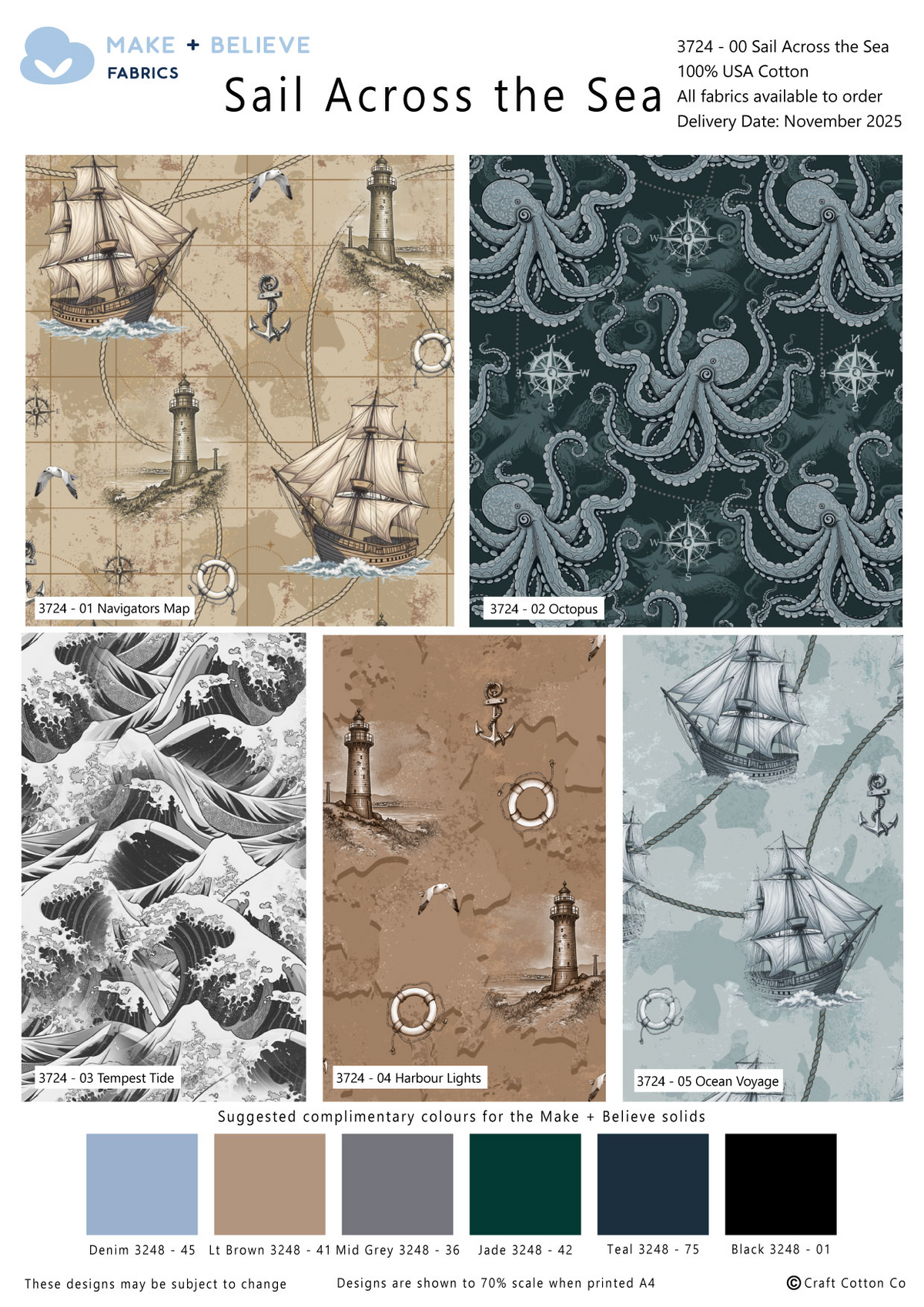 Make + Believe Sail Across the Sea 100% Cotton 45x55cm Wide Fat Quarters Bundle for Quilting, Dressmaking, Patchwork