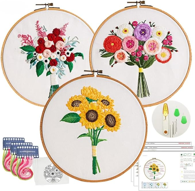 CraftsFabrics Crochet Hooks Kit Embroidery Crafts DIY Handmade Embroidery Floral Embroidery Kit for Beginners Embroidery Hoops Threads 4Sets DIY Stamped Sewing Thread kit