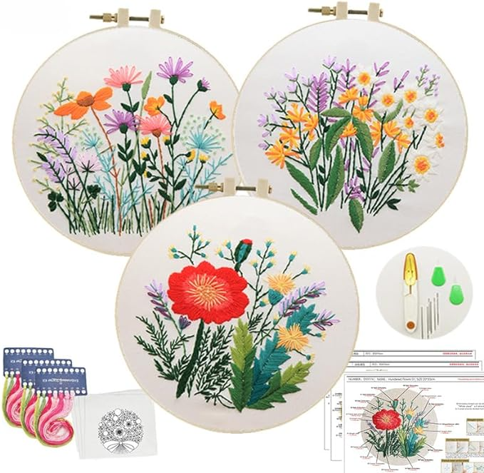CraftsFabrics Crochet Hooks Kit Embroidery Crafts DIY Handmade Embroidery Floral Embroidery Kit for Beginners Embroidery Hoops Threads 4Sets DIY Stamped Sewing Thread kit