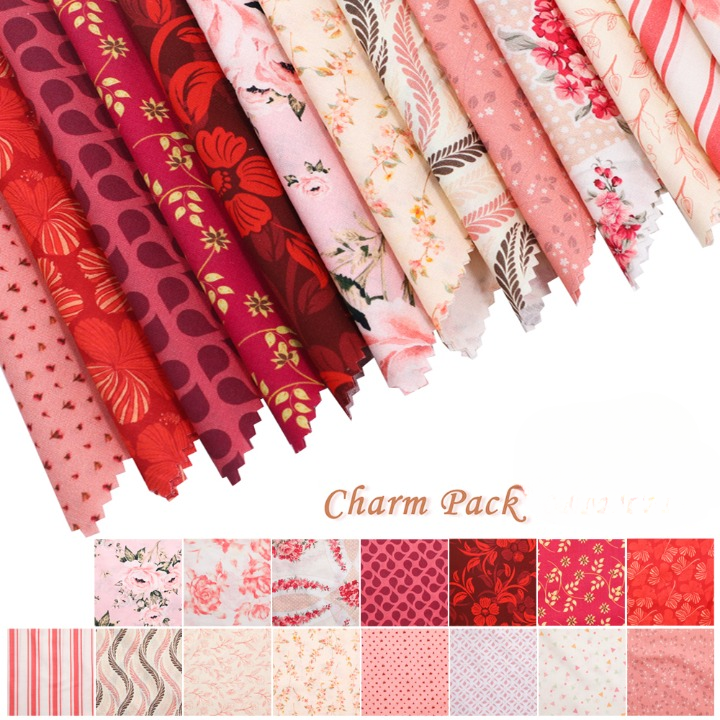 CraftsFabrics Red Flower Charm Pack-Precut 5-inch Cotton Fabric-Printed Fabric Squares-for Quilting,DIY Patchwork and Sewing Craft