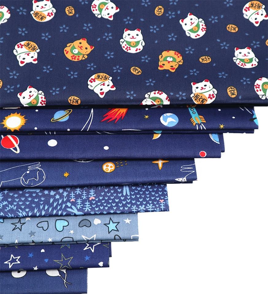 CraftsFabrics 8pcs Dark Blue Cartoon Rocket Space Children Fat Quarters Cotton Twill Precut Fabric Patchwork Quilting Nursery
