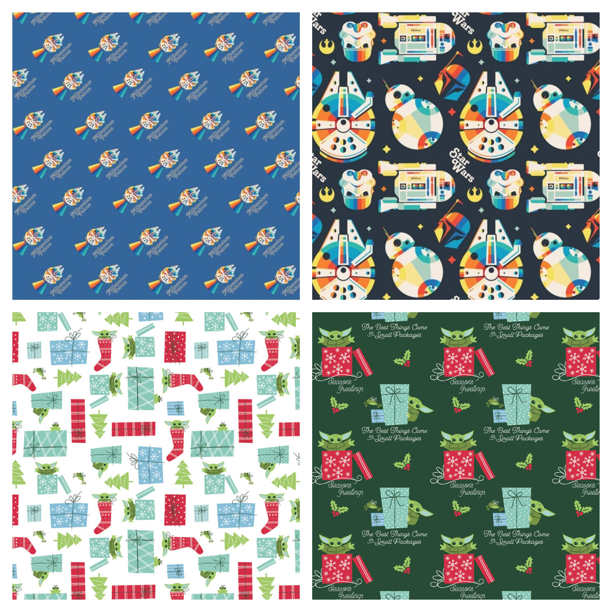 Star Wars The Mandalorian Baby Yoda Geschenkbox mit Weihnachtsdruck, 4er-Pack Fat Quarters Bundle, 100 % Baumwolle