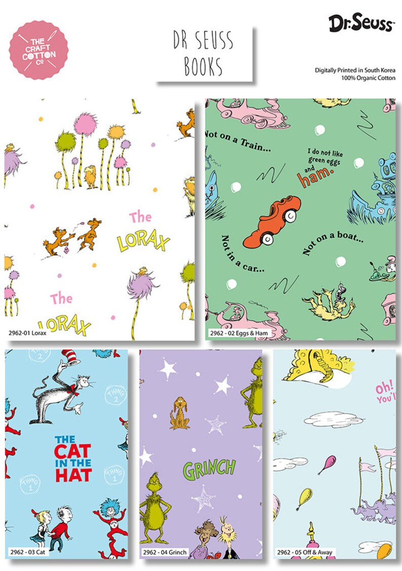 Crafts Cotton Company Dr Seuss Books 110cm Wide 100% Premium Cotton Organic Cotton Prints