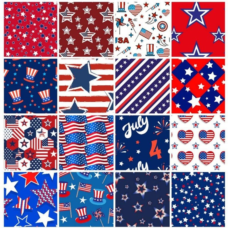 Tissus 100 % coton CraftsFabrics, motif étoiles, rayures, drapeau américain, 50 x 50 cm de large, prédécoupés, imprimé 4 juillet, pour patchwork, loisirs créatifs