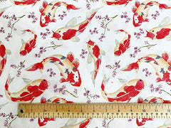 Rose & Hubble Koi Carp Fish Print 100% Cotton Fabric, White/Blue