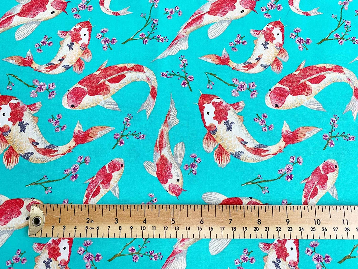 Rose & Hubble Koi Carp Fish Print 100% Cotton Fabric, White/Blue