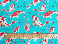 Rose & Hubble Koi Carp Fish Print 100% Cotton Fabric, White/Blue