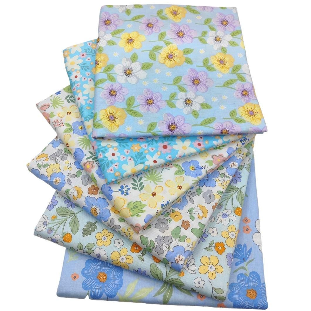 CraftsFabrics 6pcs Blue Floral Printed 100% Cotton Wide Pre-Cut Fat Quarter