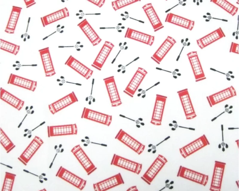 London Phone Box and London Big Ben Post Box 100% Cotton Fabric 149cm Wide Printed Cotton For Crafting, Sewing, Dressmaking