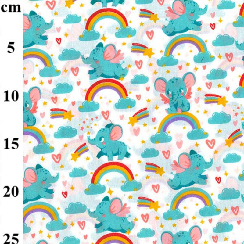 Happy Elephants Rainbows Hearts Clouds Polycotton Fabric 110cm Wide Printed Fabric for Quilting, Sewing, Crafts, Dressmaking