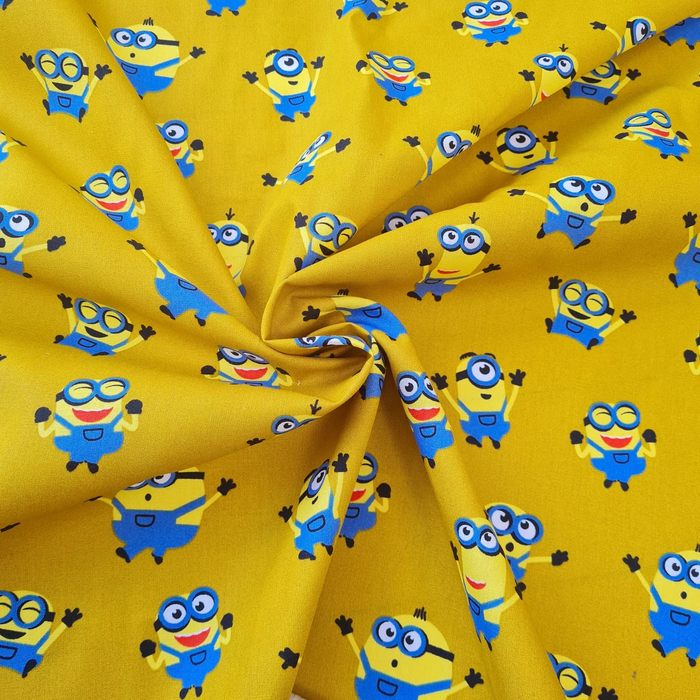 CraftsFabrics Loose Fabric Little Minions on Mustard - Cotton Fabric