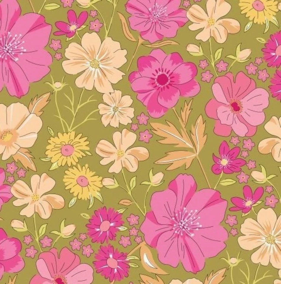 Floral pattern with pink, orange, and yellow flowers on a green background