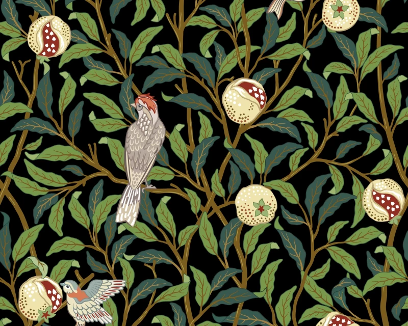 Little Johnny Leaves and Birds On Black 100% Cotton 150cm Wide Digitally Printed Fabric for Crafting, Sewing, Patchwork, Dressmaking