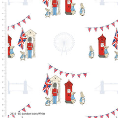 Beatrix Potter - Peter Rabbit London Icons White 100% Cotton Print Fabric