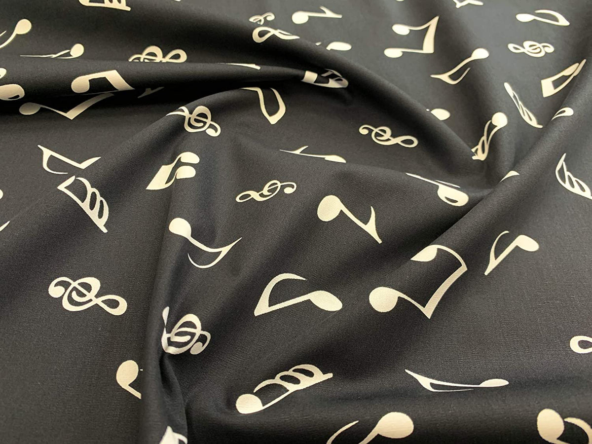 Rose & Hubble White Musical Notes on Black 100% Cotton Fabric (CP0133)