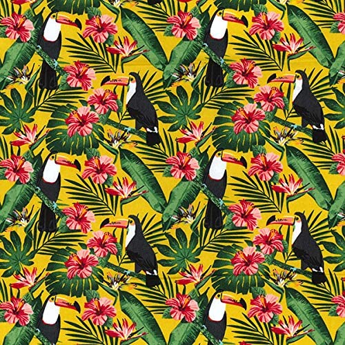 Cotton Poplin Fabric Tropical Pecan Birds, Flowers and Leaves on Yellow Background