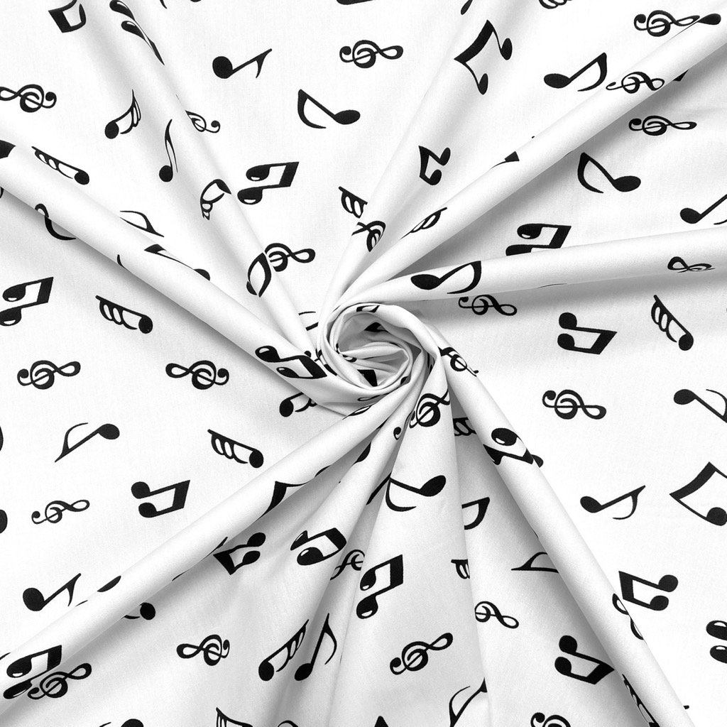 Oddies Textiles Black Musical Notes on White 100% Cotton Poplin Fabric