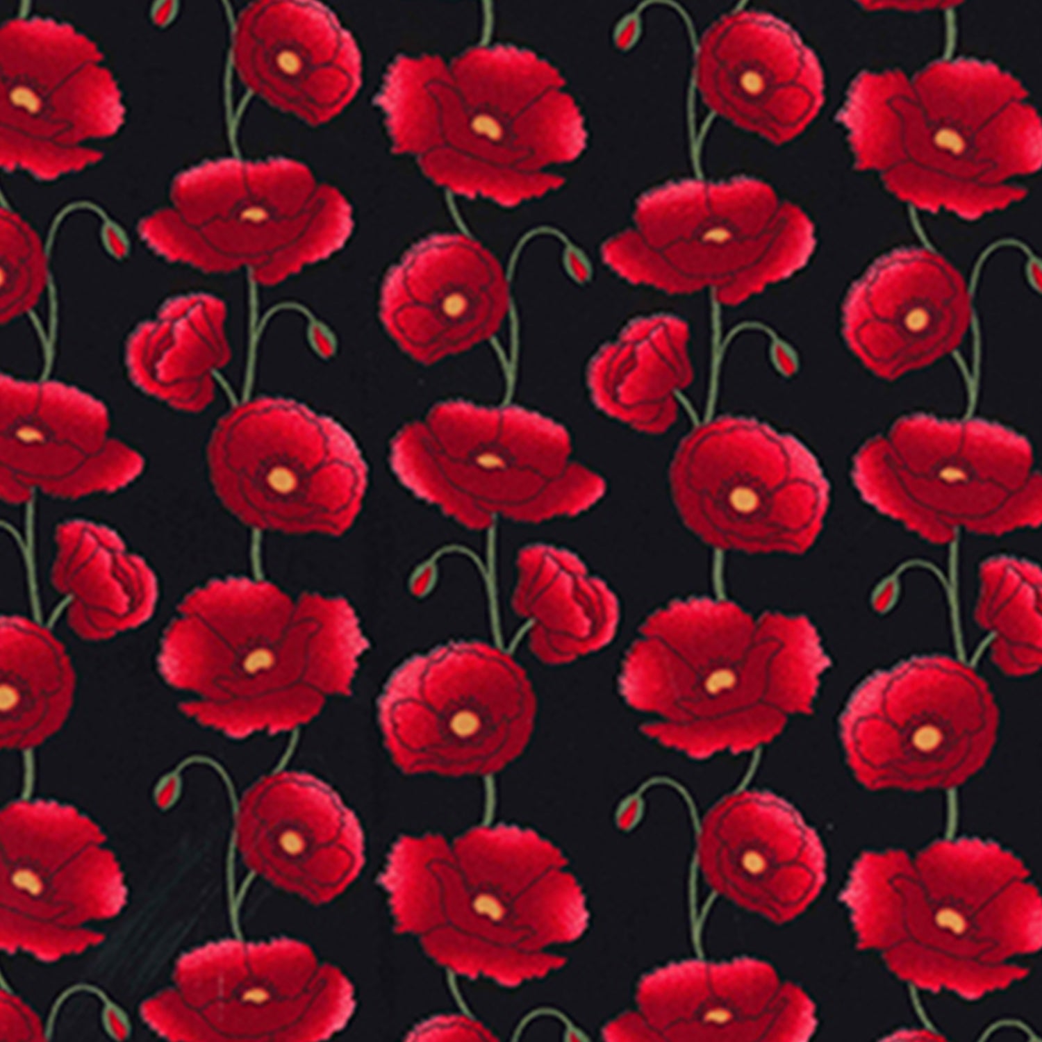 Rose & Hubble 100% Cotton Poplin Red Poppy Flowers Print Fabric on a Black Background