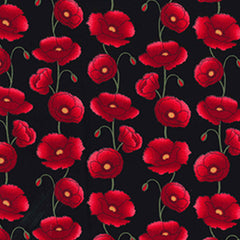 Rose & Hubble 100% Cotton Poplin Red Poppy Flowers Print Fabric on a Black Background