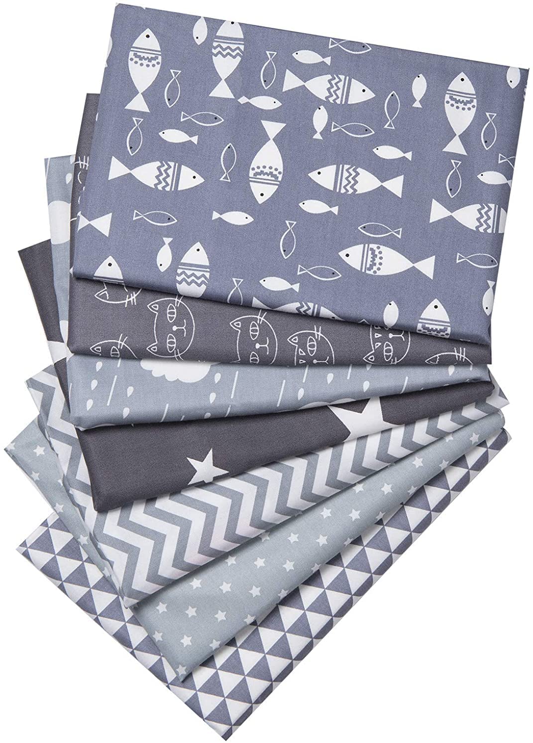 CraftsFabrics 7 pcs Grey Printed Cotton Fat Quarters