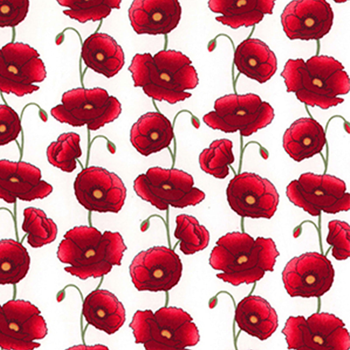 Rose & Hubble 100% Cotton Poplin Red Poppy Flowers Print Fabric on an Ivory Background