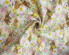 Little Johnny Easter Bunnies & Flowers Cotton Fabric, Lemon