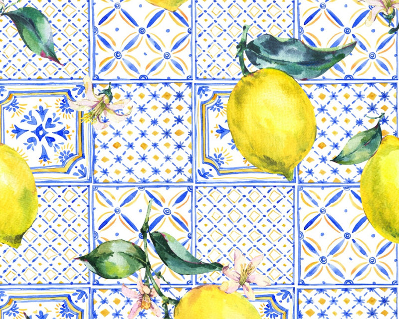 Little Johnny Digital Print Lemons on Portuguese Tiles and Flowers  