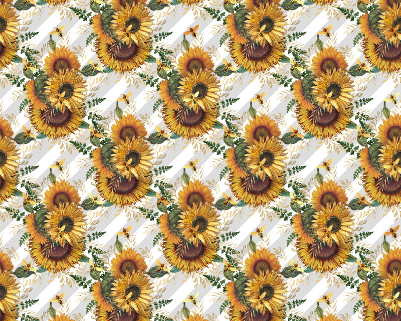 Little Johnny Striped Sunflower Digital Cotton Fabric, White