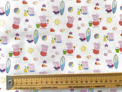 Little Johnny Peppa Beach Day Digital Print Cotton Fabric, White