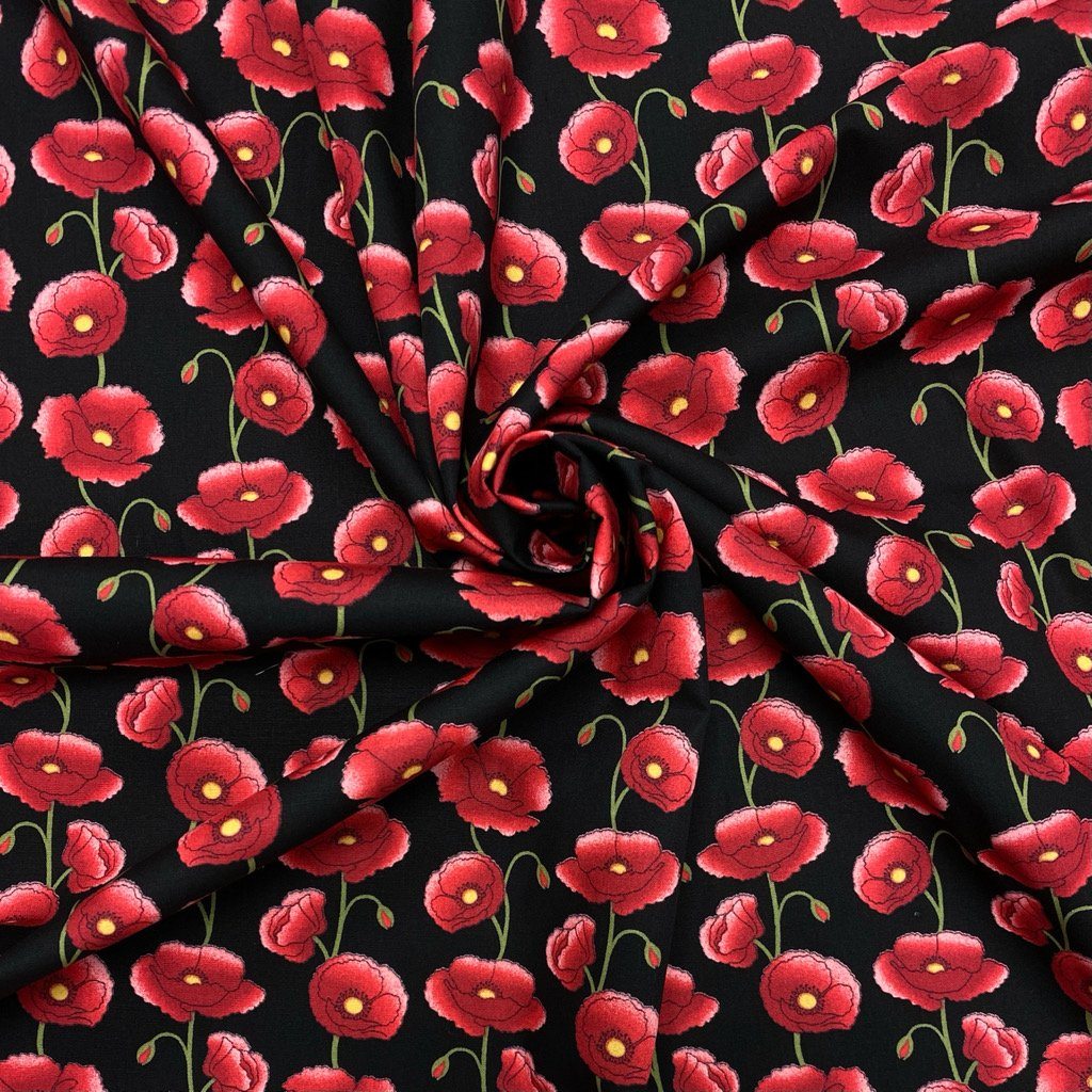 Rose & Hubble 100% Cotton Poplin Red Poppy Flowers Print Fabric on a Black Background