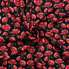 Rose & Hubble 100% Cotton Poplin Red Poppy Flowers Print Fabric on a Black Background
