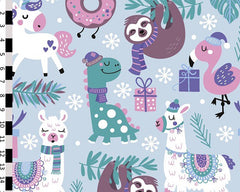 Little Johnny - Sloths Xmas Party Digital Cotton Fabric, Blue