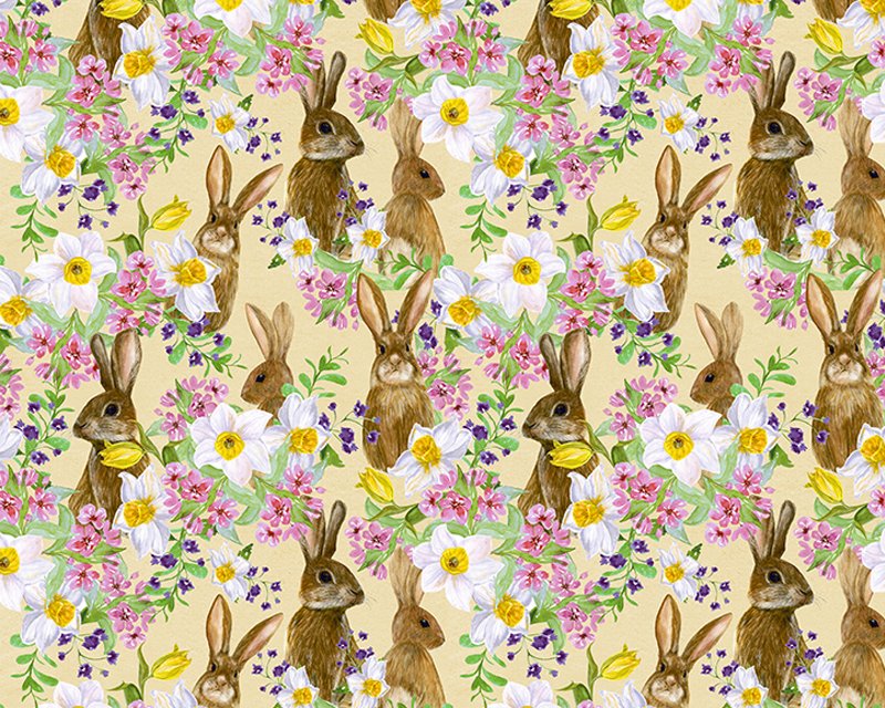 Little Johnny Easter Bunnies & Flowers Cotton Fabric, Lemon