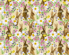 Little Johnny Easter Bunnies & Flowers Cotton Fabric, Lemon
