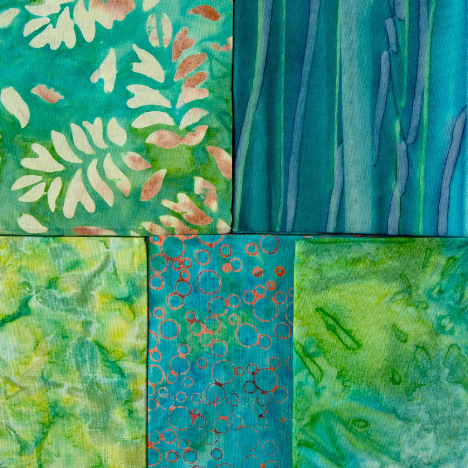 Turquoise & Greens Bali Batik Colour Moods Fat Quarter Bundle - 5 Fat Quarters, 100% Cotton