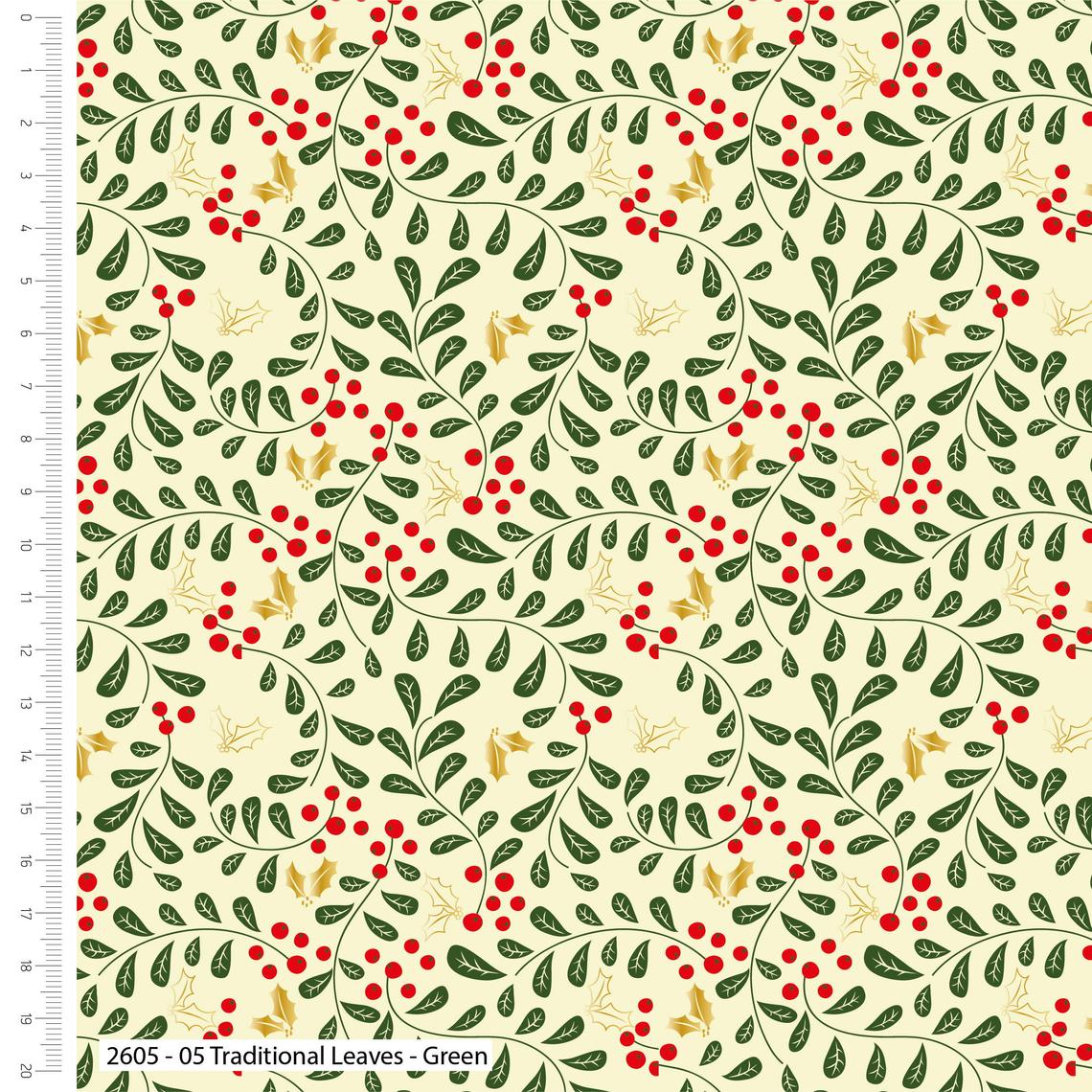 Traditional Leaves - Green Metallic Christmas Cotton Fabric