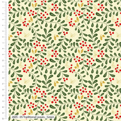 Traditional Leaves - Green Metallic Christmas Cotton Fabric