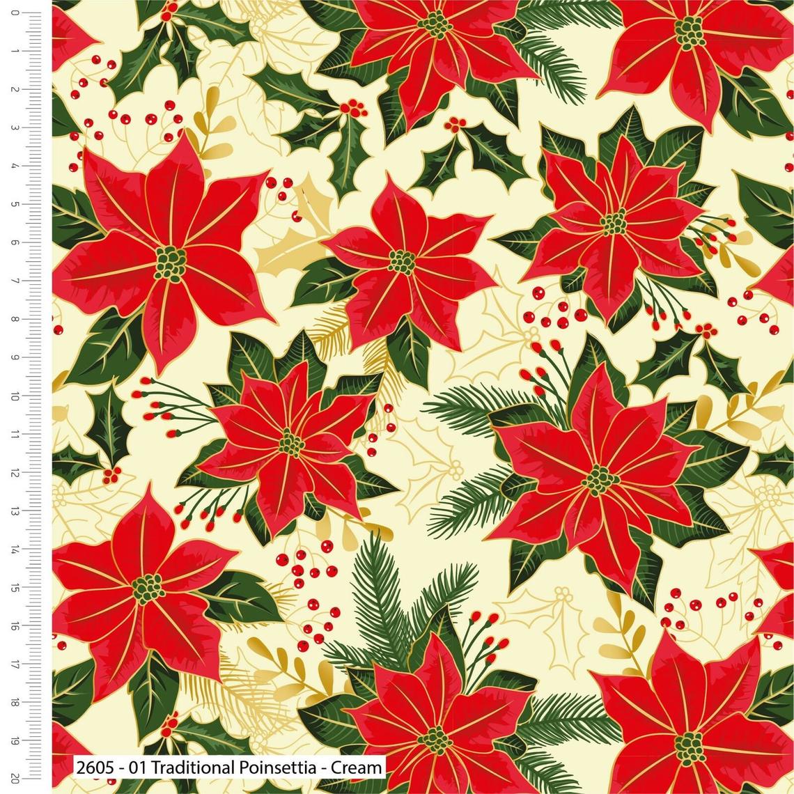 Traditional Poinsettia Cream Cotton Fabric