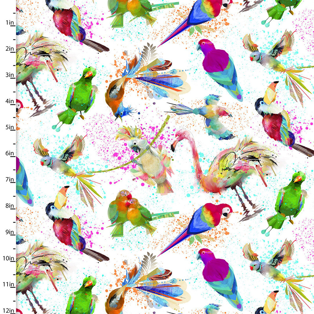 3 Wishes Connie Haley Tropicolor Birds Vibrant Birds White Digital Print Fabric 19373