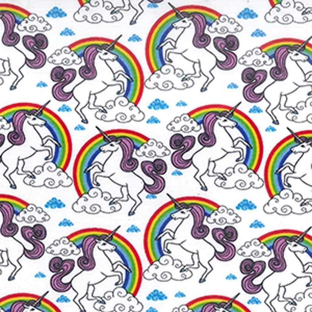 Unicorn Rainbow and Clouds Cotton Poplin Fabric in Ivory color.