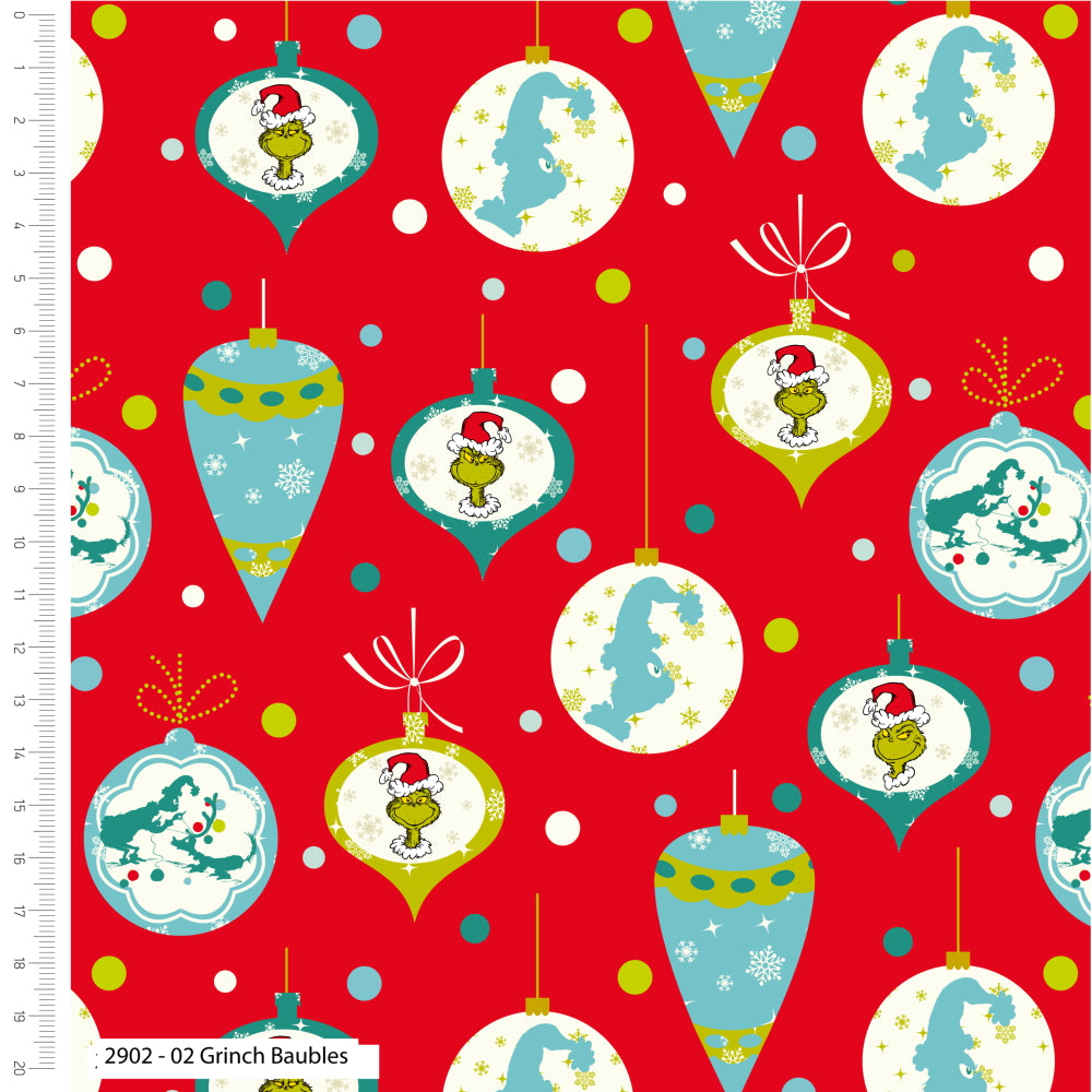 Christmas Grinch Baubles Cotton Fabric 