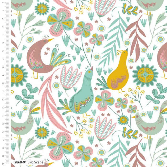 Freehand Birds Scene Cotton Fabric