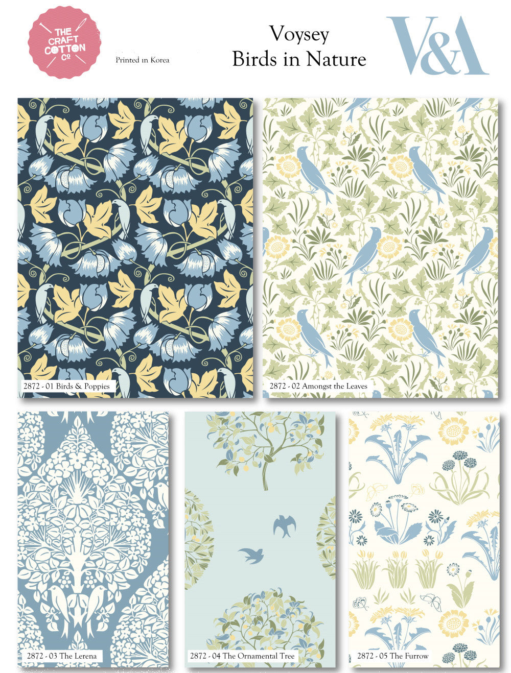 Voysey Birds in Nature  Cotton Fabric by the V&A 100% Cotton (2872)- 5pcs Fat Bundle