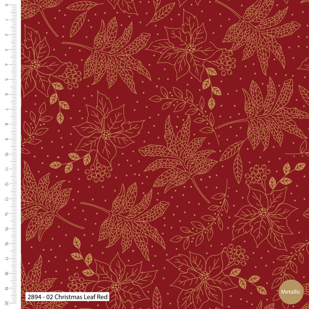 Traditional Poinsettia Metallic Christmas Leaf Red Cotton Fabric