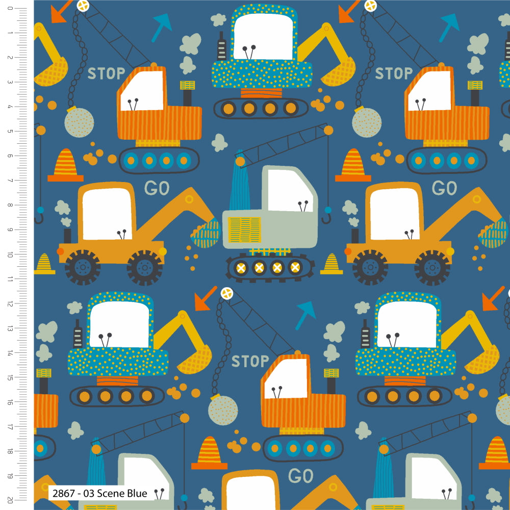 Diggers Excavator Construction Cranes Vehicles Scene Blue Cotton Fabric 