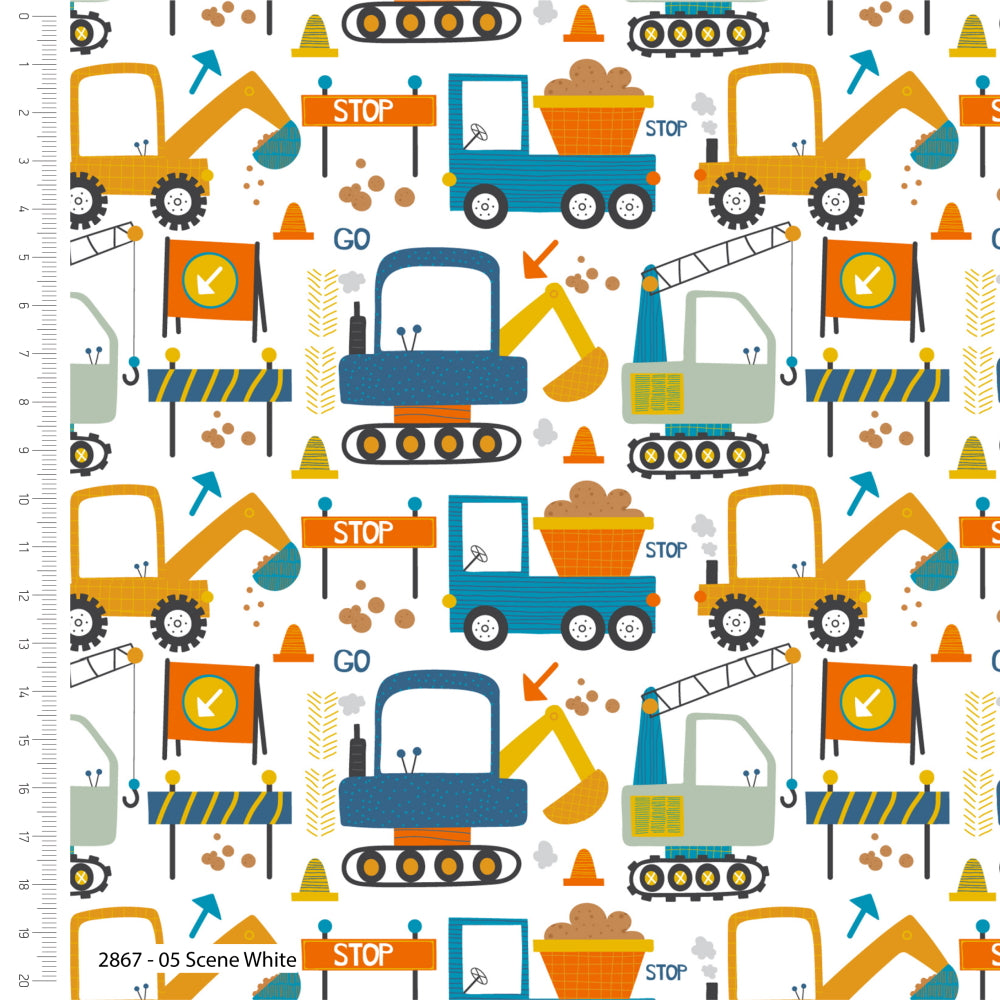 Excavator Cranes Road Construction Vehicles Dumper Trucks Diggers Scene White Cotton Fabric