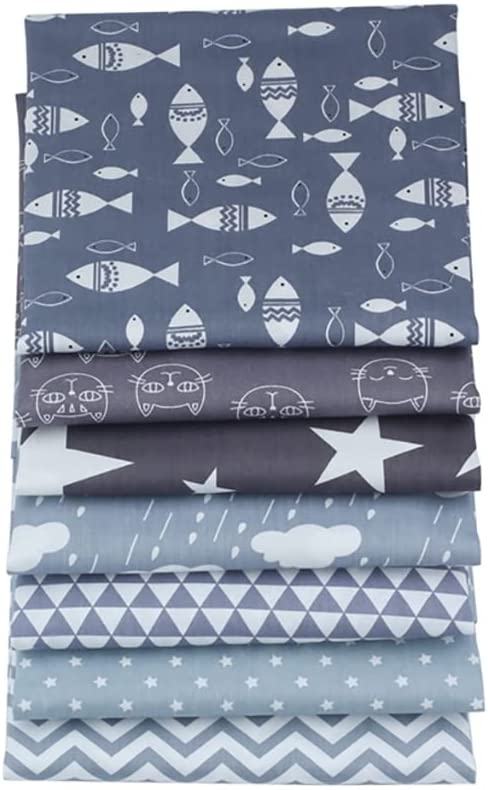 CraftsFabrics 7 pcs Grey Printed Cotton Fat Quarters