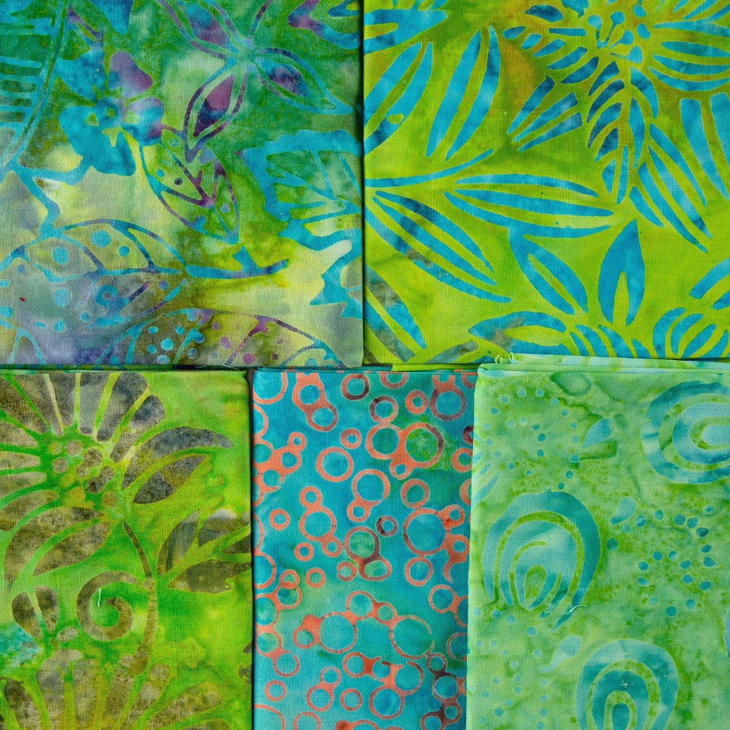 Limes & Turquoise Bali Batik Colour Moods Fat Quarter Bundle - 5 Fat Quarters, 100% Cotton
