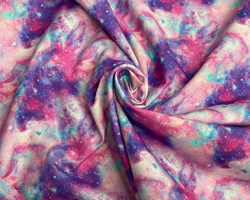 digital cotton fabric in marbled galaxy theme in pink, purple and blue